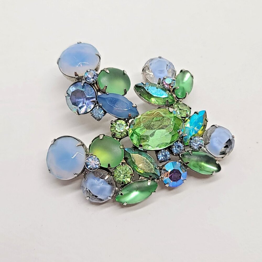 Large Kramer Brooch Pin Green & Blue Givre Opalescent Rhinestones Floral Cluster